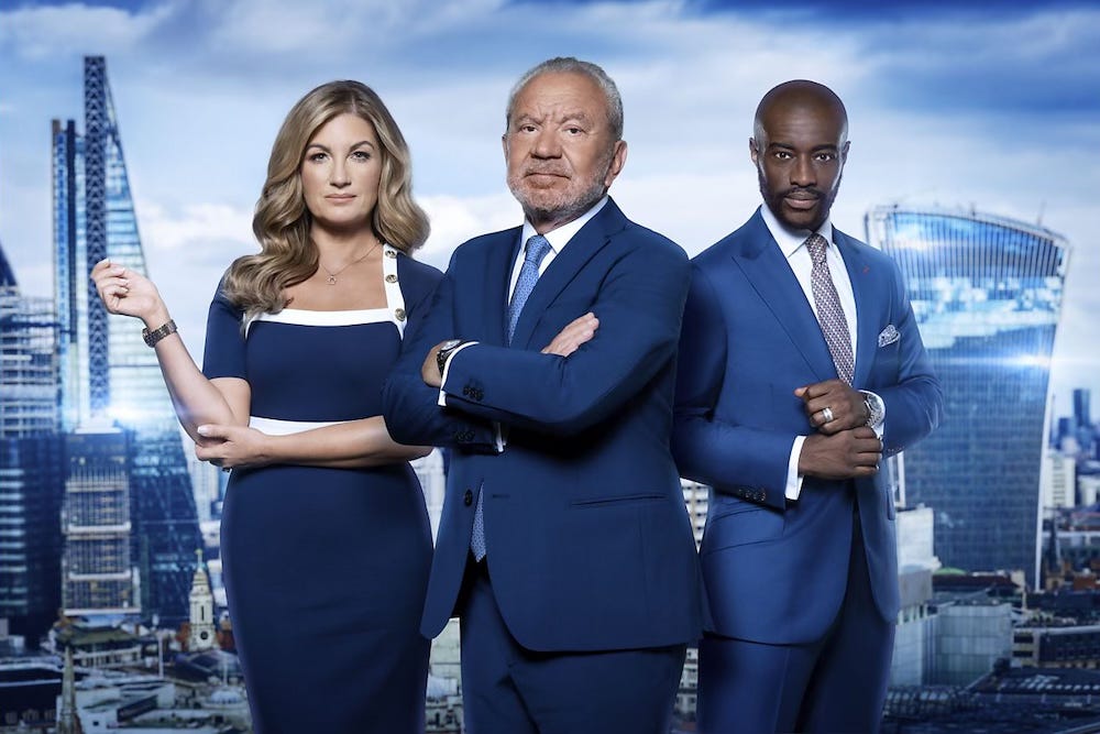 Karren Brady, Alan Sugar, and Tim Campbell – the three main presenters of The Apprentice in the UK