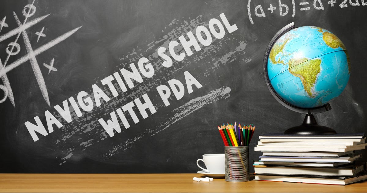 A wide picture with the top of a teacher's desk and a chalkboard behind it. The desk has a coffee mug, colored pencils, a stack of books, and a globe on it. The chalboard has chalk drawings and reads "Navigating School with PDA."