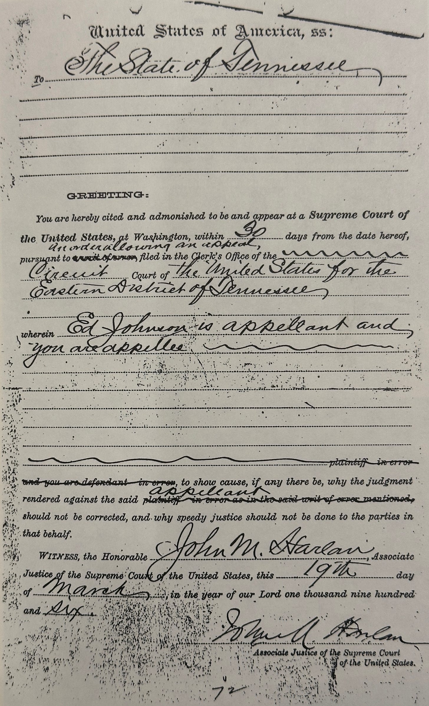 A handwritten summons, signed by Justice John Marshall Harlan, noting that the Supreme Court had agreed to take up the appeal in Johnson v. Tennessee.