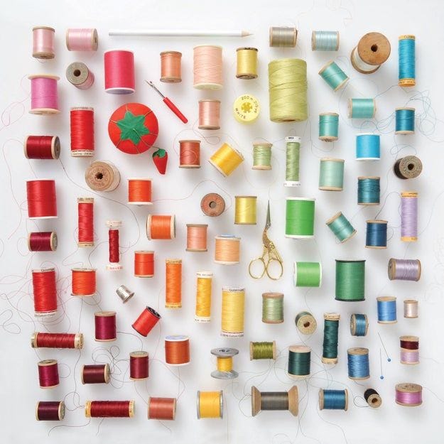 This may contain: many spools of thread are arranged on a white surface