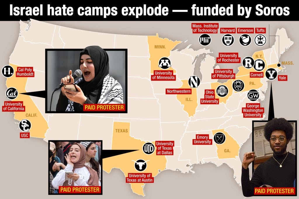 Israel hate camps explode - funded by Soros. A map showing campuses where there have been anti-Israel protests.