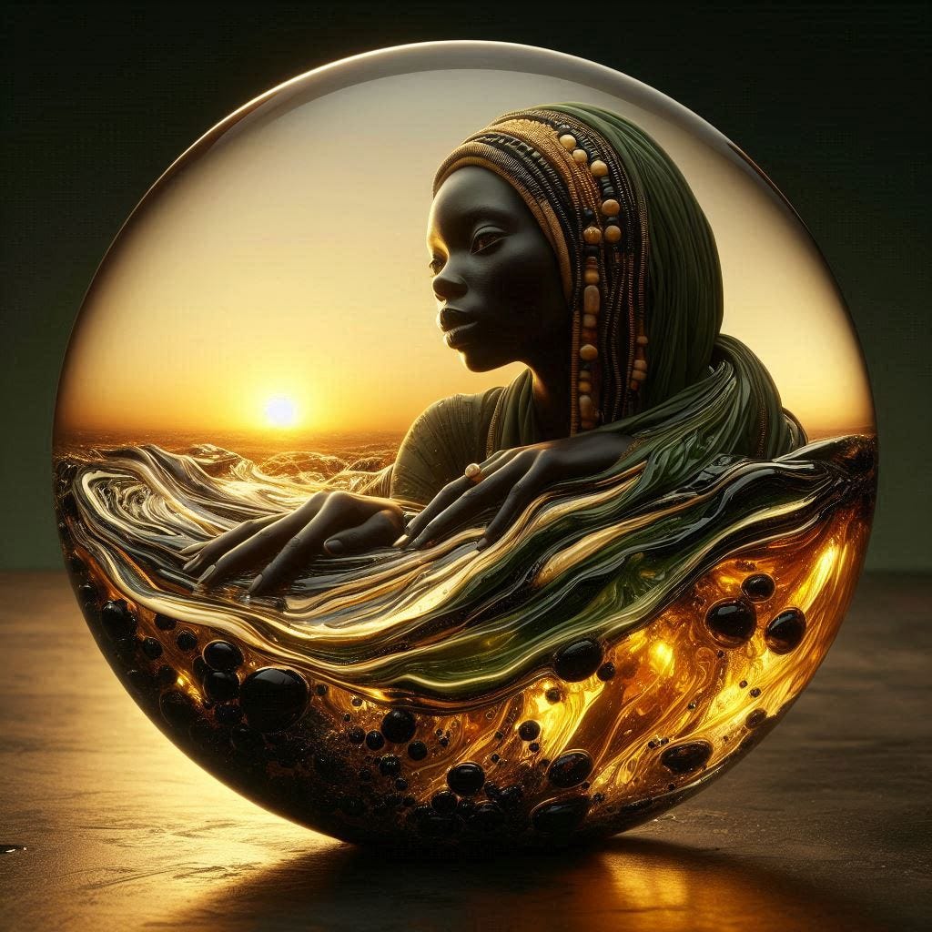 resin sun inside glass; tiltshift /flying at angles/ 8d angled glass embedded /beautiful, Senegalese woman leaning into camera/ velvet green, cream, black silk/ black leather. water in resin/ ; she is at Monks mound at Cahokia / amber cream,tsunami full of fire/ reverberating waves. black hole in floor/ water in resin verdigris/ In the style of Michael Parkes. black etching/ black linework/ daytime sky/fluffy clouds 
