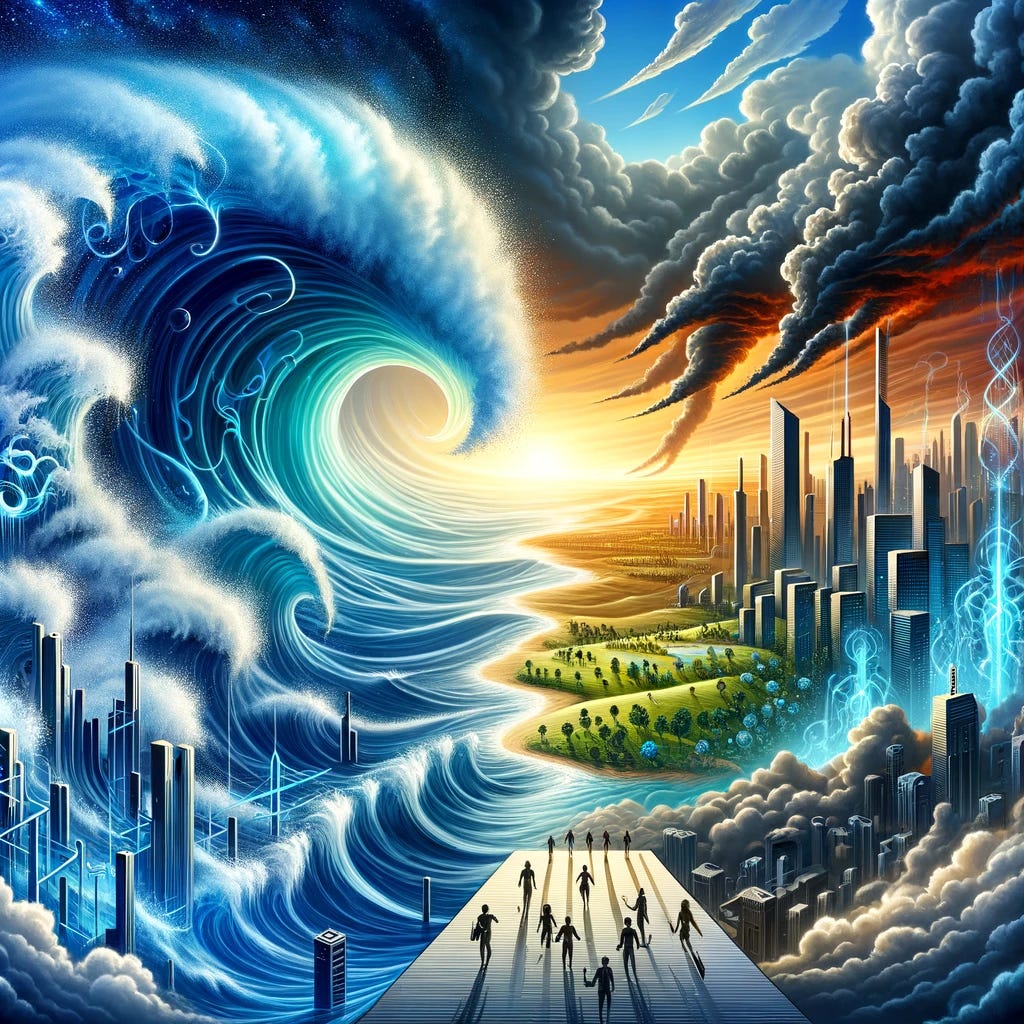 A vivid illustration symbolizing the immense potential of artificial intelligence and genetic engineering. The image features a colossal wave, representing transformative power. On one side of the wave, a utopian city flourishes under clear skies, while on the other side, a dystopian landscape is shrouded in stormy clouds. Human figures stand at the base of the wave, gazing upward, depicting society's crucial choice between possible futures. The style is futuristic and symbolic, capturing the essence of dramatic transformation.