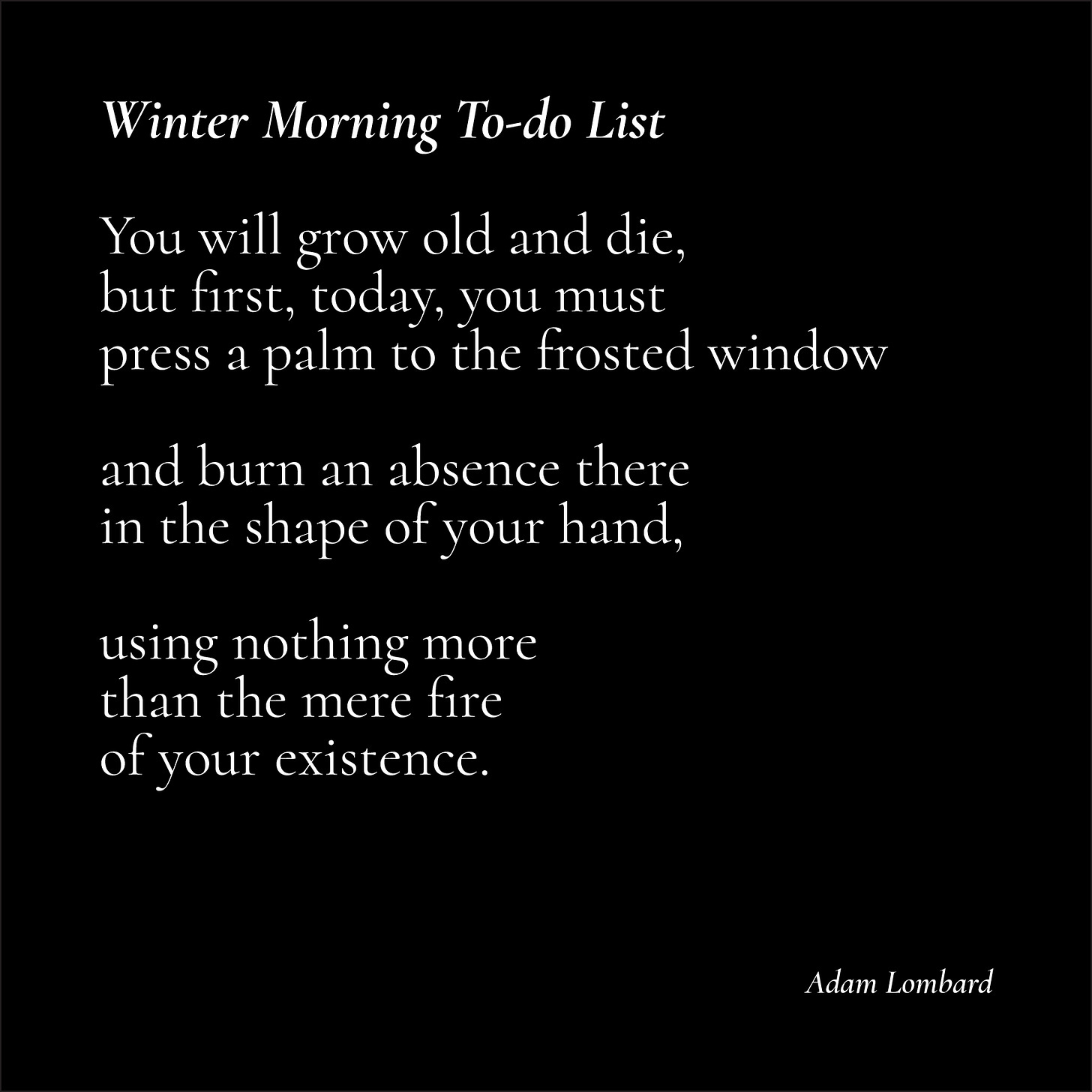 An image of a poem. A black card with white text, that reads: "Winter Morning To-do List — You will grow old and die, but first, today, you must press a palm to the frosted window  and burn an absence there in the shape of your hand,  using nothing more than the mere fire of your existence. — Adam Lombard"