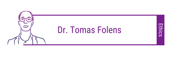 line art of man with glasses looking up on the left in purple attached to a purple box that says: Dr. Tomas Folens (Ethics)