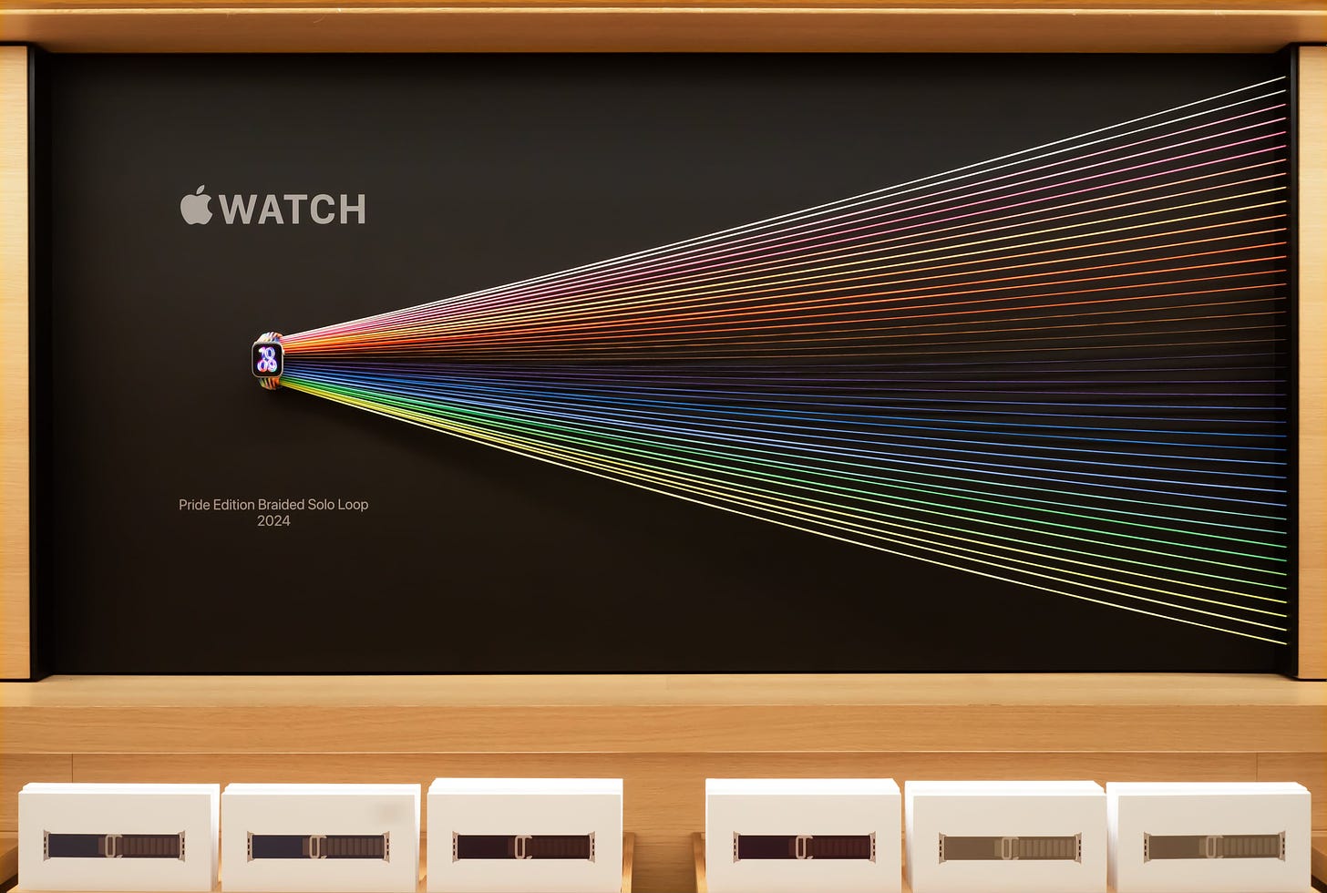 The Apple Watch Pride Edition 2024 bay at Apple Fifth Avenue.