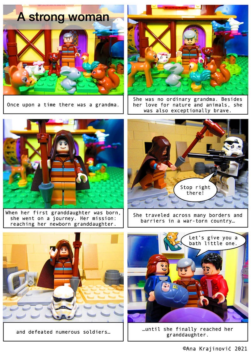 A Lego comic in 6 panels telling the story of a grandma who traveled across a war zone to come to her newborn granddaughter.