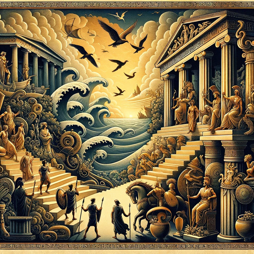 A classic Greek-style image depicting the essence of the poem about the journey to Ithaca. The artwork should illustrate a long and adventurous journey, rich in experiences and learning. It should symbolize the protagonist's journey filled with various encounters, symbolizing personal growth and wisdom gained along the way. The image should incorporate elements of ancient Greek art, capturing the essence of seeking knowledge, encountering mythical creatures like the Lestrygonians and Cyclopes, and the metaphorical journey to Ithaca, representing the ultimate goal enriched by the journey itself, not the destination. The scene should evoke a sense of adventure, wisdom, and the beauty of pursuing a life full of experiences, embodying the spirit of the poem's advice to cherish the journey and the growth it brings.