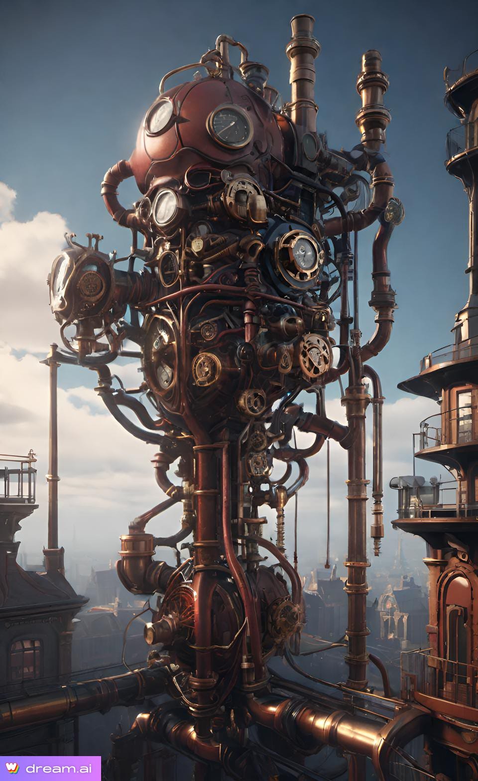 A.I. image of an enormous complex steampunk contraption that is analogous to the heart and central blood vessels