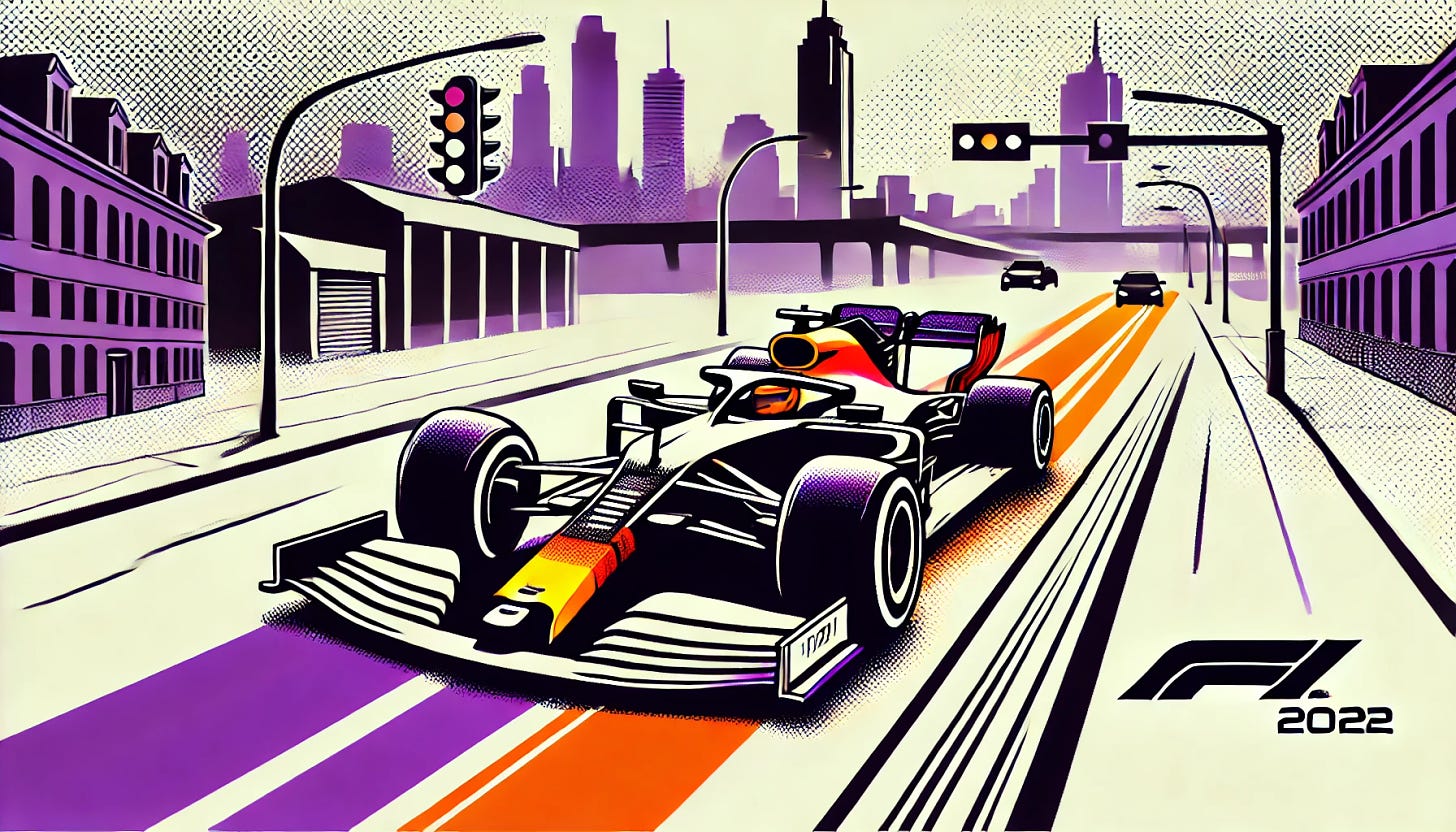 A pop art style illustration depicting an F1 racing car speeding through a city street. The color palette is restricted to bright purple, bright orange, black, and white, with a white background. The design features a sleek F1 car in motion with urban elements like buildings, streetlights, and road markings in the background, emphasizing the contrast between the high-speed car and the city setting. The scene is dynamic and minimal, capturing the thrill of the moment.