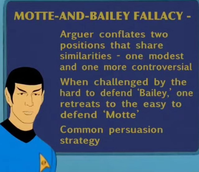 Illustration explaining the Motte-and-Bailey fallacy with a character in a blue uniform. The text describes how this strategy involves conflating two positions—one modest and one controversial—allowing retreat to the easier position when challenged. Common persuasion tactic discussed.