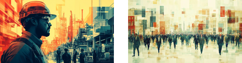 Two scenes reflecting modern industry and society: the left shows a construction worker in profile, set against a digitally abstracted construction site with cranes and workers, symbolizing urban development. The right features a crowd of people walking through a city with a pixelated, fragmented overlay, representing the convergence of urban life and digital transformation.