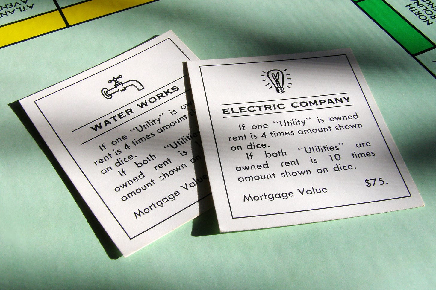 Utility cards from Monopoly board game