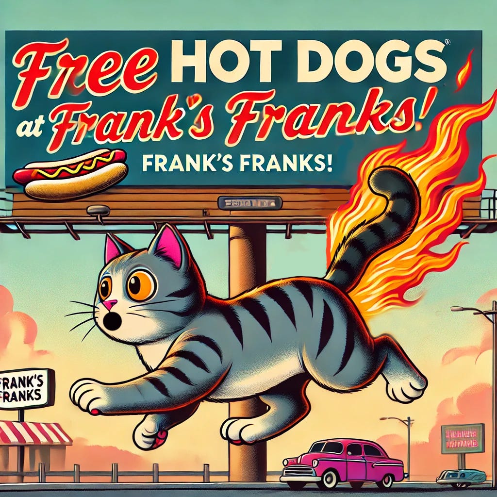 A hotdog billboard with a cartoon cat and its tail on fire