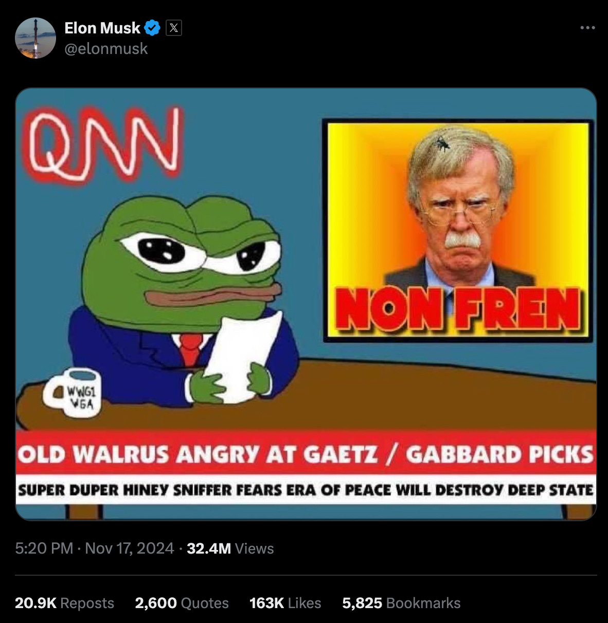 a qanon meme featuring a variation of pepe the frog as a news anchor admonishing john bolton as a "non fren" - immature internet parlance for enemy