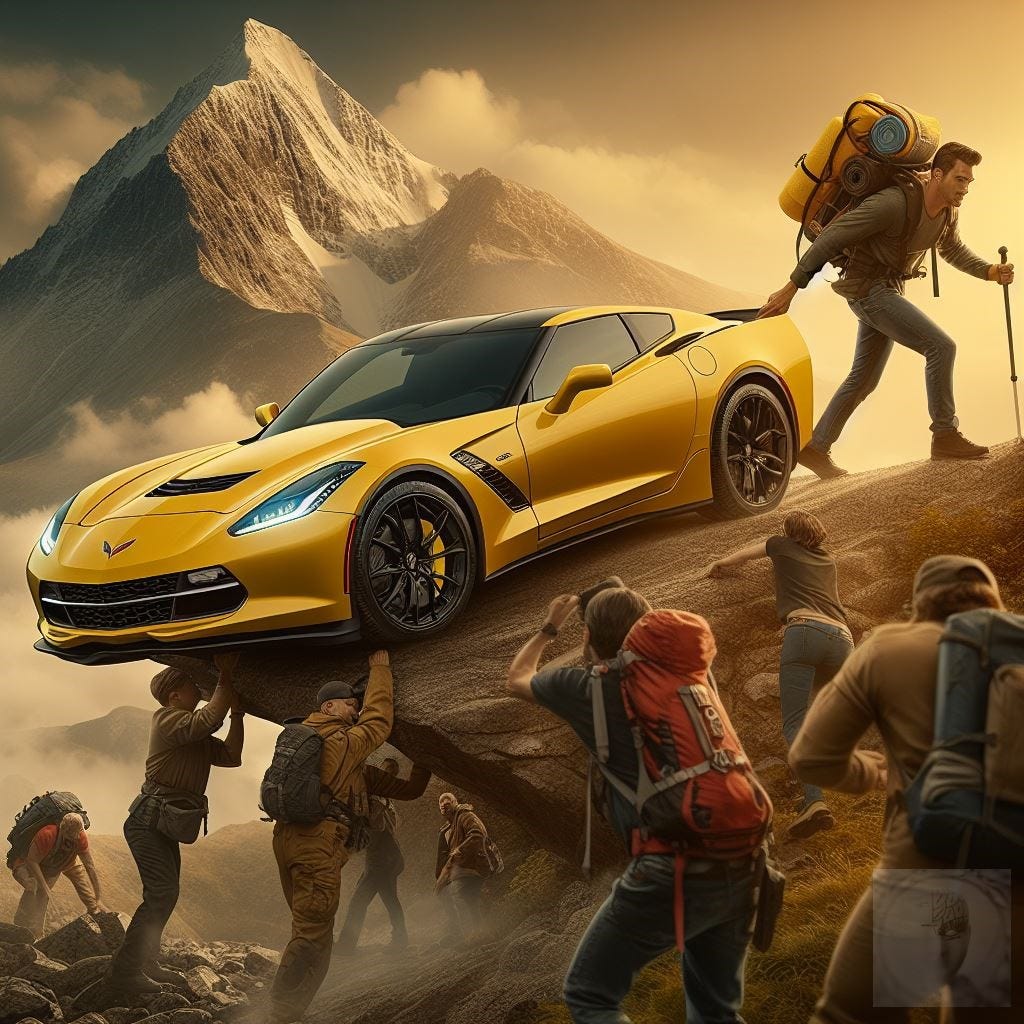 A yellow Corvette, people climbing a mountain in background helping each other.