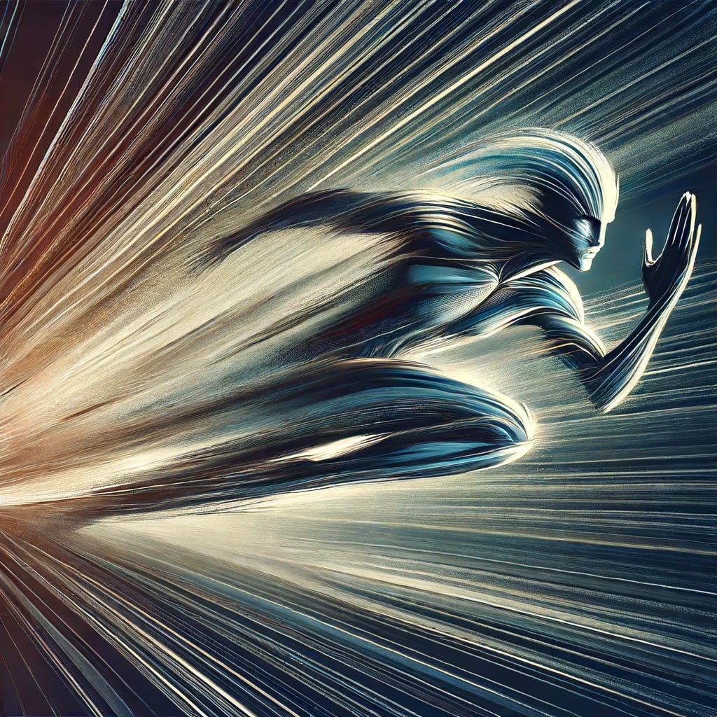 A dynamic illustration depicting the concept of acceleration. The image should feature a stylized, abstract representation of speed and motion. It could include blurred lines or streaks of light that suggest rapid movement, perhaps with a background that fades from darker to lighter shades to emphasize the sense of speeding forward. The focal point might be an object or a figure, abstractly rendered, propelling forward with great energy, surrounded by a burst of lines or energy waves that convey the intensity and power of acceleration.