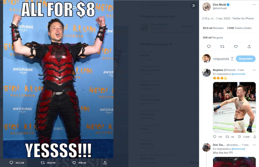 Elon Musk ha utilizado su cuenta para reiterar que de todas maneras cobrará US$ 8 por el programa Twitter Blue. 