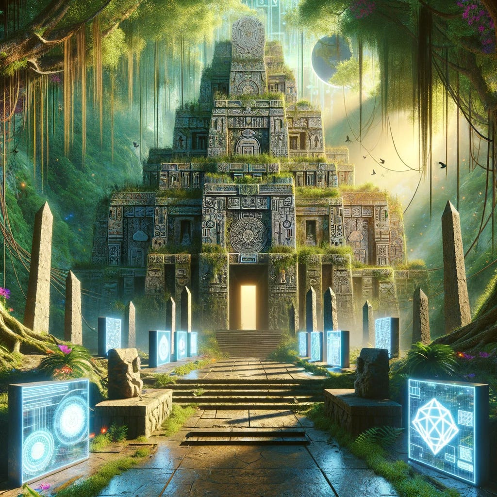 Imagine a grand, ancient temple set in a lush, vibrant jungle. The architecture combines elements from various ancient civilizations, such as Mayan pyramids, Roman columns, and Egyptian obelisks, symbolizing the global and interconnected nature of decentralization. The temple is made of weathered stone, covered in moss and vines, with intricate carvings depicting various symbols of digital technology and blockchain, such as circuit patterns, binary code, and the blockchain network. Around the temple, there are futuristic devices and screens displaying live cryptocurrency transactions and digital data flows. The scene is illuminated by a mystical light that seems to emanate from the temple itself, suggesting a blend of ancient wisdom and modern technology.