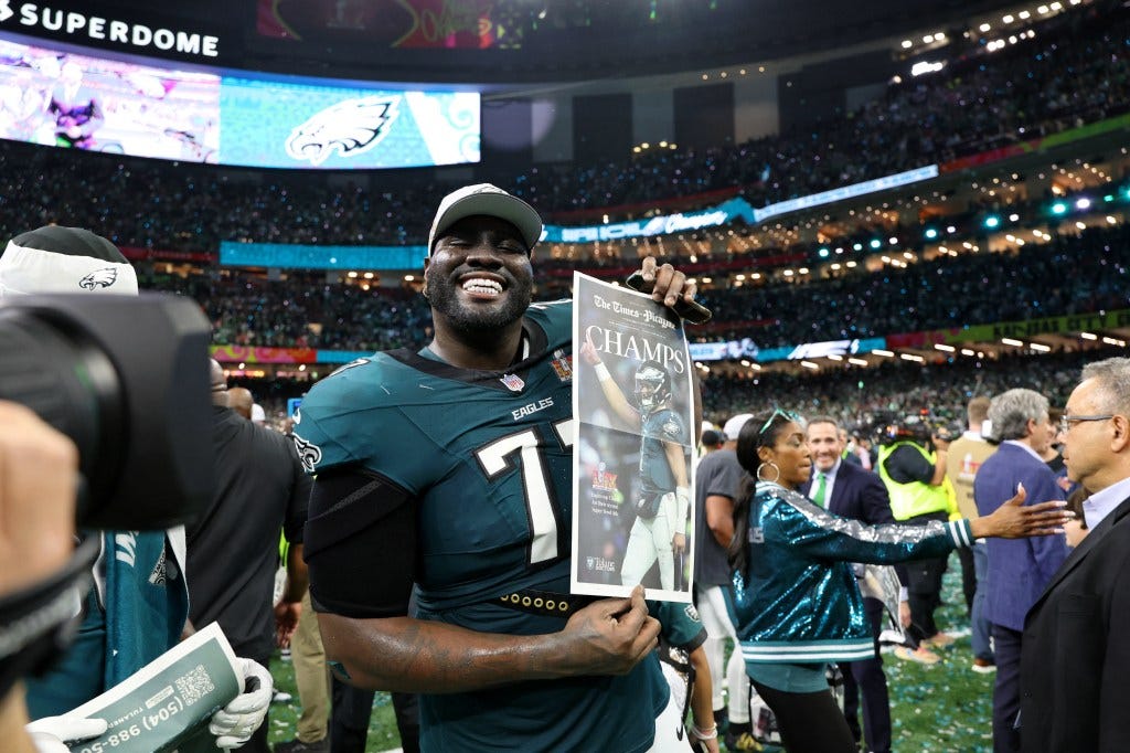 Mekhi Becton smiles after the Eagles defeated the Chiefs in Super Bowl 2025 on Feb. 9.