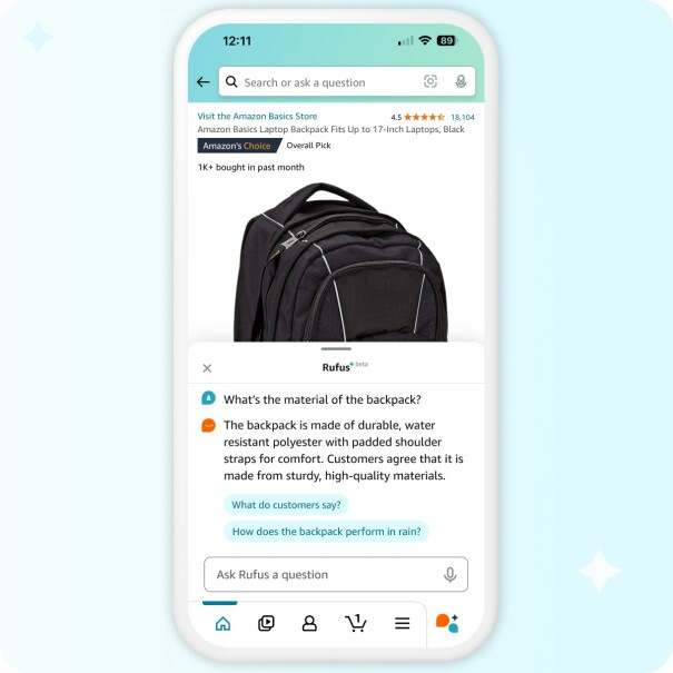 Amazon Rufus provides question suggestions on a product (a grey backpack)