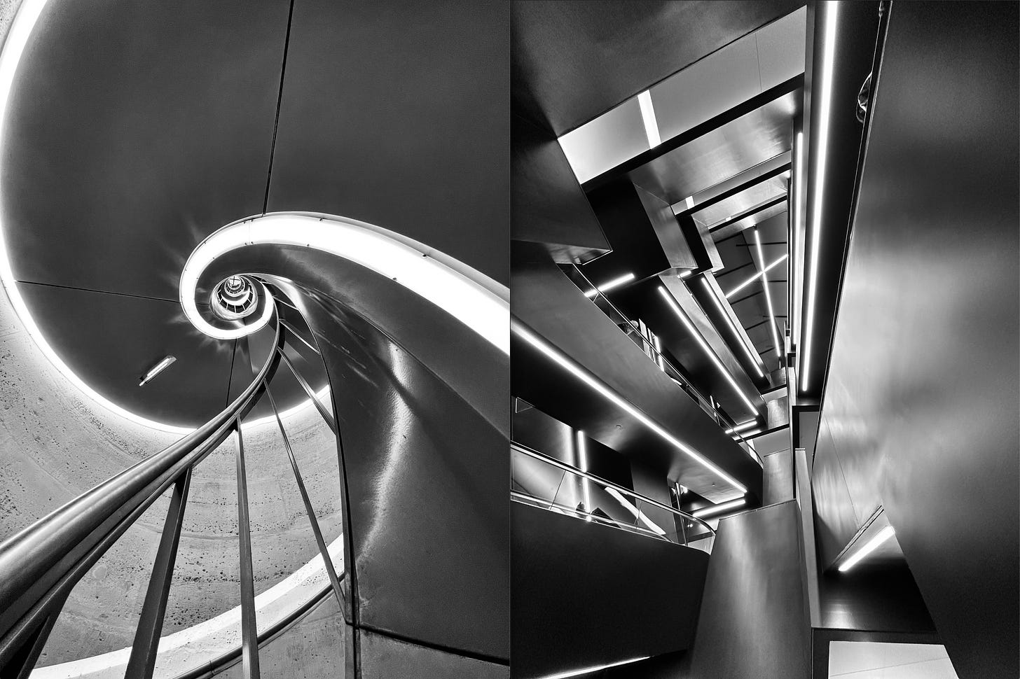 Per ChatGPT: This image is a black and white photograph split into two contrasting sections. On the left side, there's a spiral staircase viewed from the bottom up, leading to a vanishing point at the top center of the frame, emphasizing its circular architecture and the elegant curves of the handrails. Light fixtures are visible along the inner curve of the staircase, casting a soft glow on the surrounding walls. The right side of the image showcases a modern interior with geometric, angular features, and a series of horizontal and vertical lines created by illuminated panels and edges. The lighting creates a play of light and shadow that highlights the sleek, metallic surfaces and sharp angles of the design. Both halves of the image explore the beauty of architectural forms through the use of light, shadow, and perspective.