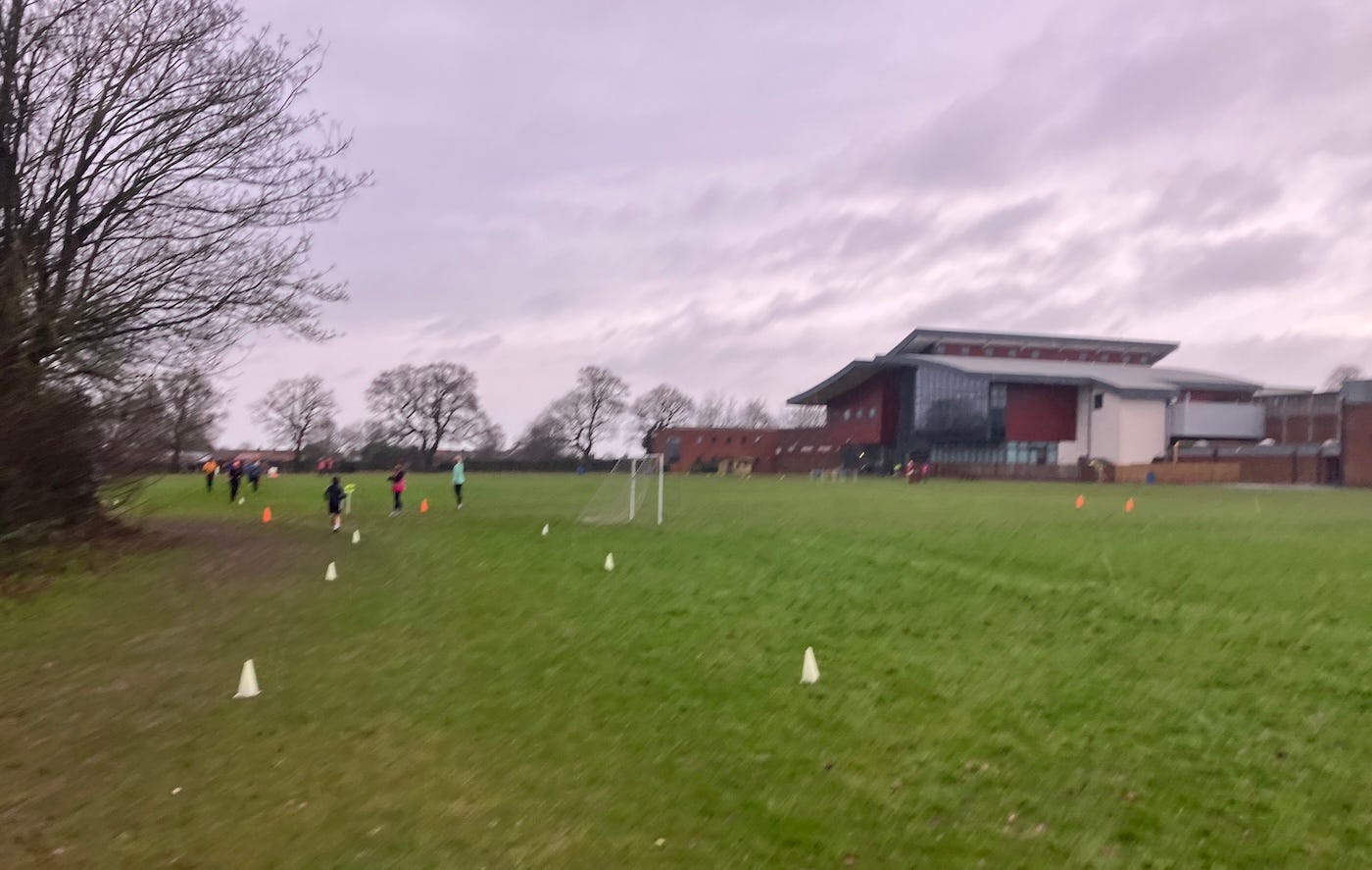 Another view of the school, with cones marking the course