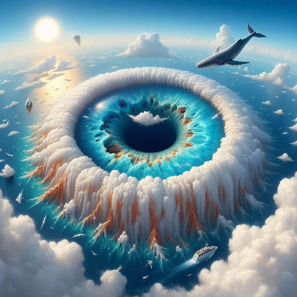 Chunky oil painting image; tilt shift looking down. vast distance.hyper realistic photo image of the Blue Hole (Belize) painted as an eyeball, seen from above. The Blue Hole (Belize)eyeball has a mountain range for a nose and clouds for eyebrows. blue whale flying through sky toward camera.There is a sun in the sky with the face of a god and it's made of copper and glass. The clouds are fluffy and white.