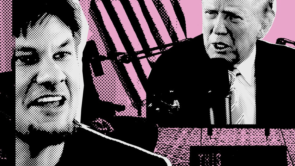 A pink-and-black illustration with Theo Von and Donald Trump cut-outs