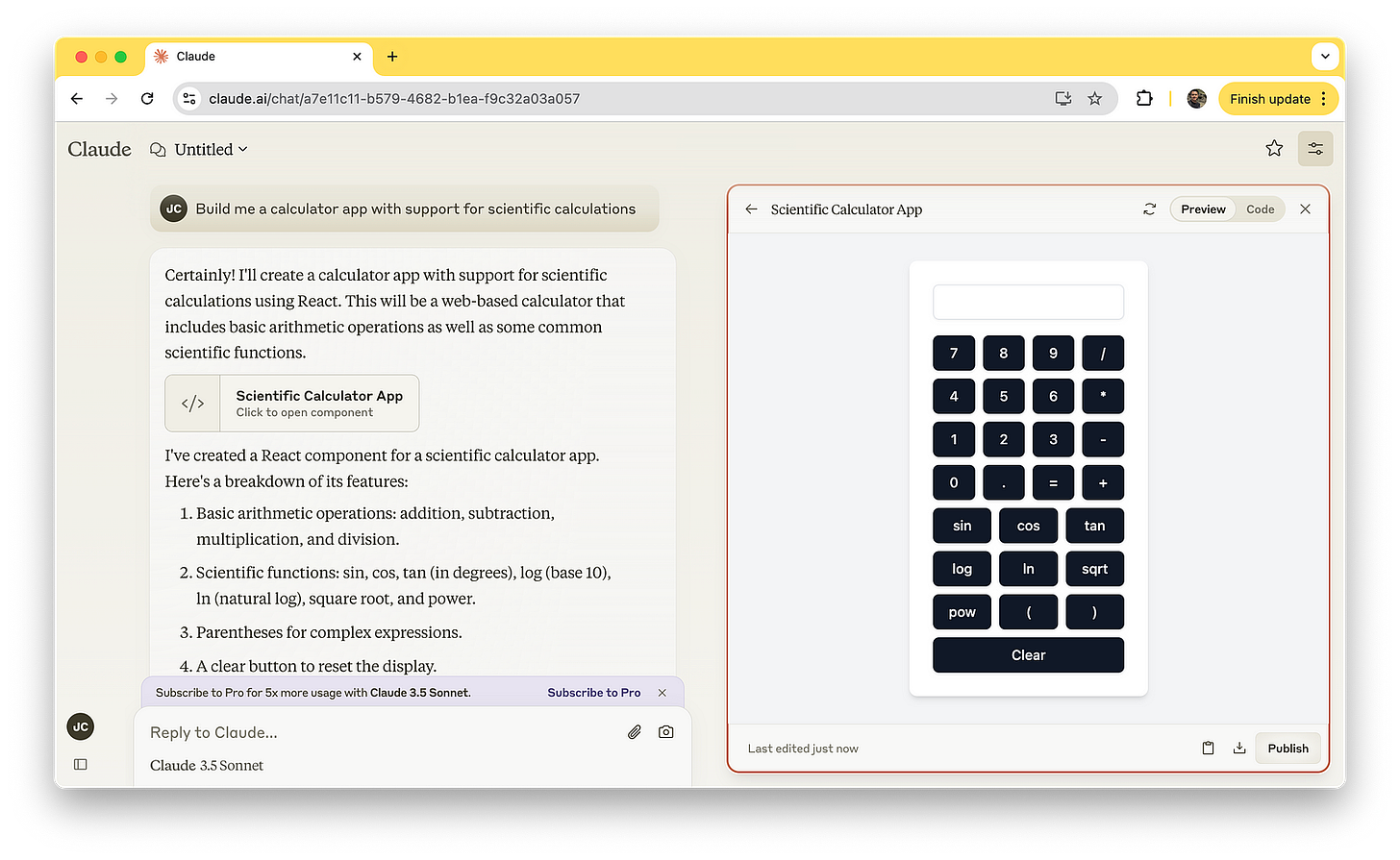 Claude artifacts. Prompt: Build me a calculator app with support for scientific calculations