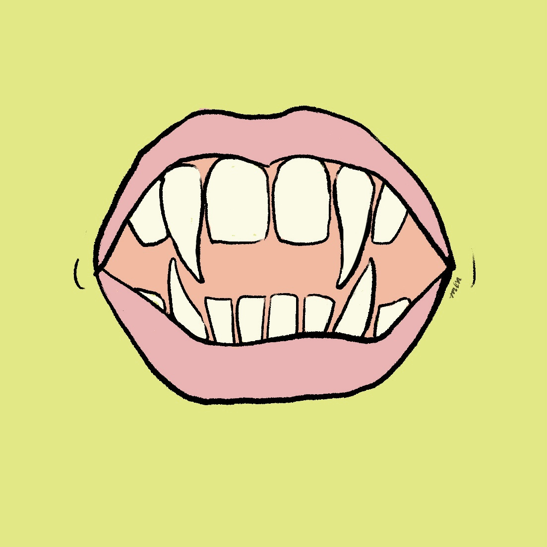 An illustration of an open mouth, displaying fanged teeth.