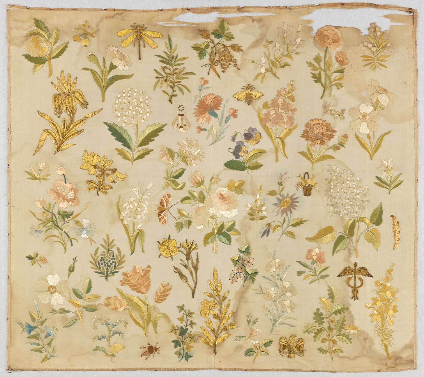 Multicolored silk and a variety of metallic yarns sampler, unknown artist, 1850.