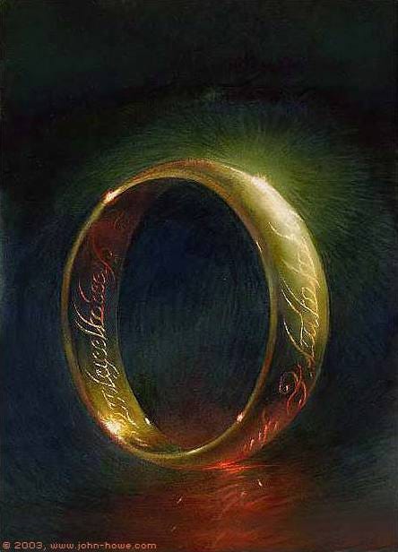 A painting in portrait orientation showing the One Ring against a plain and mostly black background. Light glints off of it. 