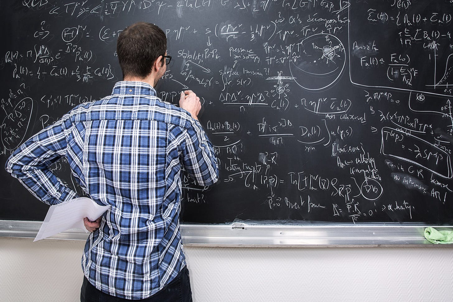 Man standing in front of blackboard with lots of math equations