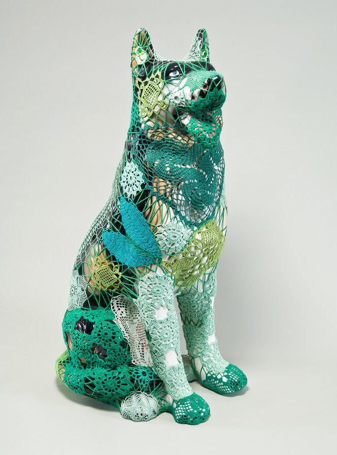 cat sculpture with crochet