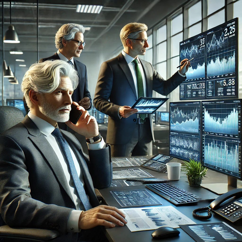 A hyperrealistic digital artwork featuring three experienced financial managers in a modern office setting. The first manager, an older man with short gray hair and a blue tie, is seated at a desk analyzing a detailed financial chart on a large computer screen. The second manager, a man with wavy silver-streaked hair and a green tie, is standing while on a phone call, holding a notepad filled with notes and graphs. The third manager, a man with neatly combed blonde-gray hair and a dark tie, is writing on a whiteboard filled with complex financial data and equations. The atmosphere is professional and sophisticated, with realistic lighting highlighting their focused expressions and a modern office background complete with desks, charts, and laptops.