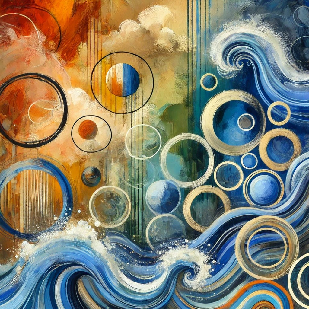 An abstract depiction of a vibrant and spontaneous life without children, inspired by experiences, deep connections, and finding fulfillment in creative pursuits. The painting features bold, flowing shapes symbolizing the ocean waves of Portugal, overlapping circles representing relationships, and textured brushstrokes evoking the creation of art and stories. The palette balances cool ocean blues with warm, lively oranges and yellows, creating a dynamic and harmonious composition that reflects joy, exploration, and meaning.