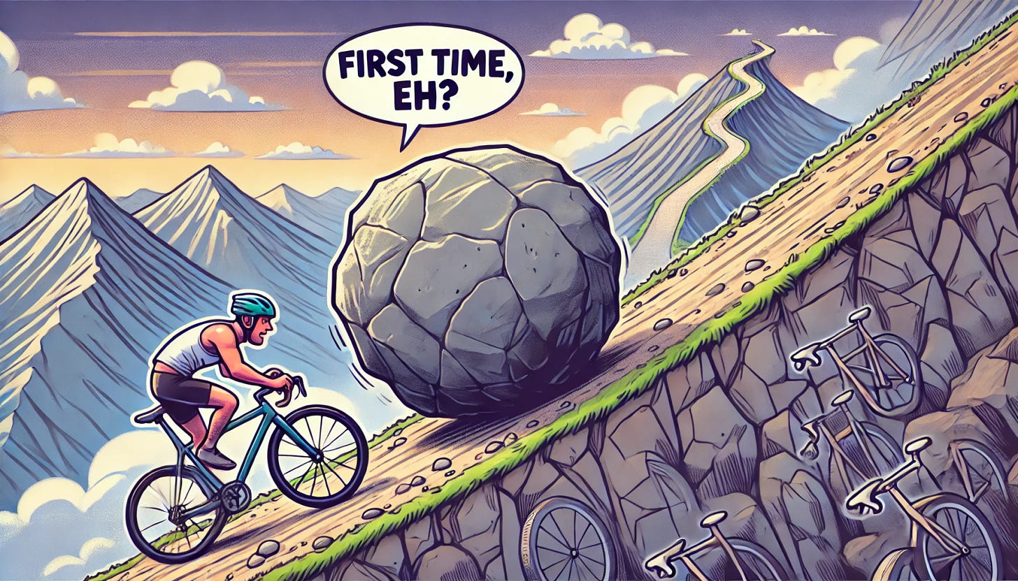 Wide cartoon illustration: Sisyphus is pushing a giant boulder up a steep hill. The speech bubble from Sisyphus says 'First time, eh?' Next to Sisyphus is a modern competitive sport cyclist in a helmet trying to go up. The background shows a daunting, endless mountain path with twists and turns disappearing into the clouds.