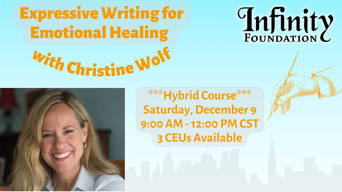 Photo of Christine Wolf on a blue background with orange letters that read, "Expressive Writing for Emotional Healing with Christine Wolf". Saturday, December 9, 9am-12pm CST. 3 CEUs available. Infinity Foundation