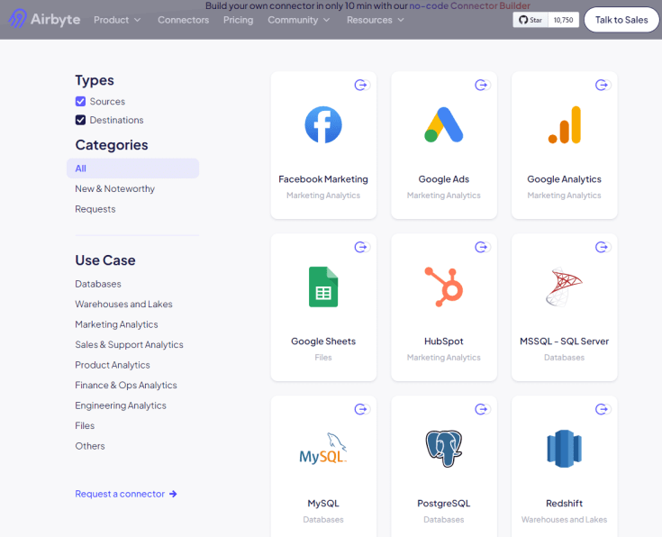 Connectors available in Airbyte