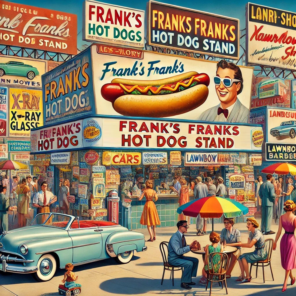 A hot dog stand surrounded by way too many ads