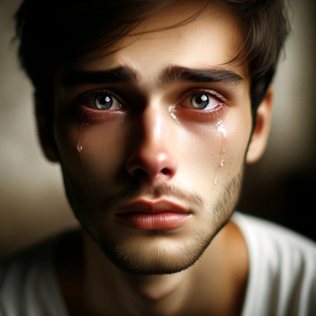 A portrait of a young man with tears streaming down his face, capturing a moment of profound sadness. His eyes are filled with emotion, reflecting a depth of sorrow. The background is blurred, focusing attention on his expressive features. The lighting is soft, accentuating the tears and the subtle nuances of his expression.