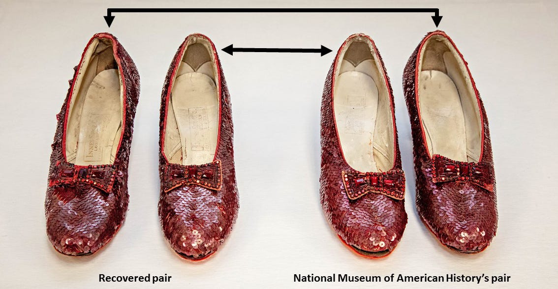 Two pairs of Ruby Slippers, covered in red sequins. Black arrows indicate which shoes create a pair.