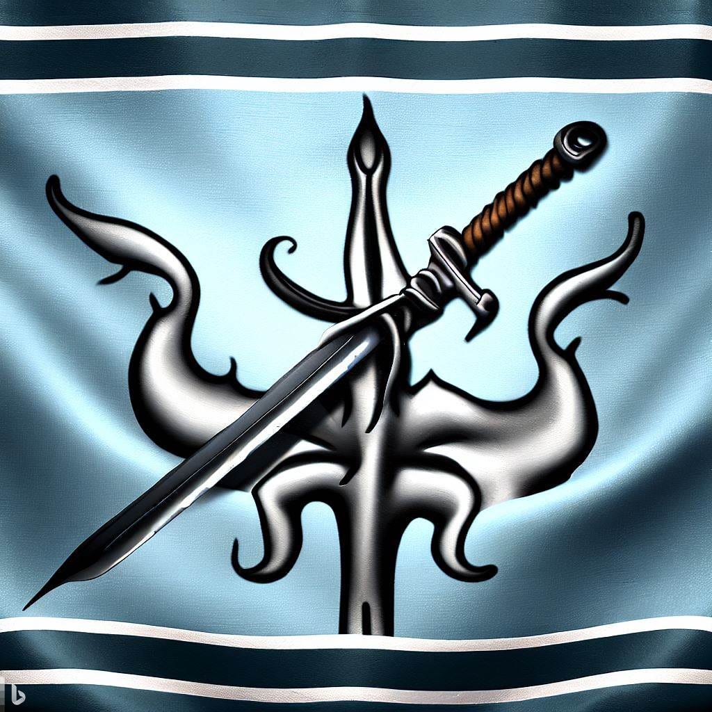 flag depicting steel sword, flagpole, elves, fantasy art
