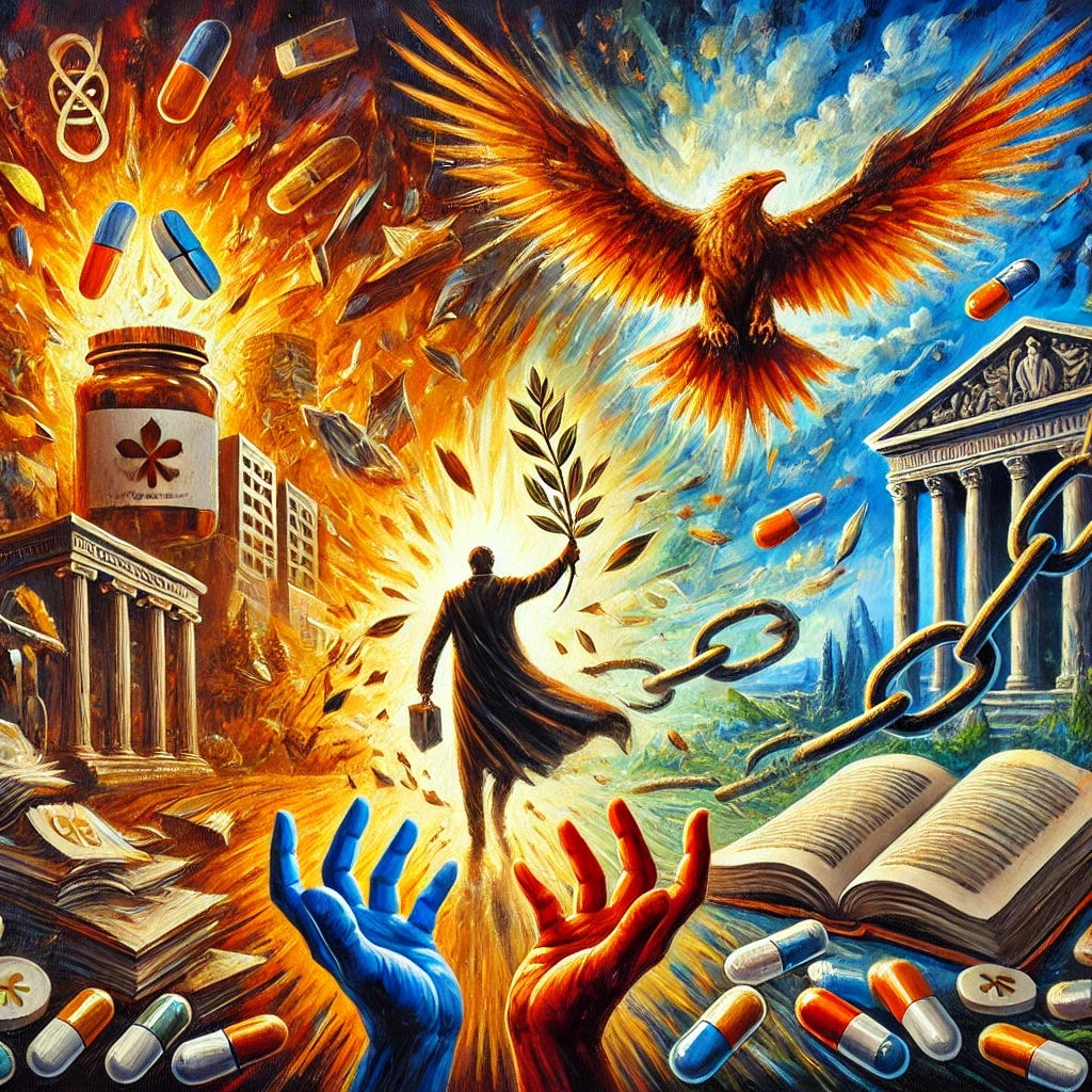 A powerful oil painting themed 'Challenging the Norms: Decades of Defiance and Insight.' The scene depicts a defiant figure surrounded by a whirlwind of symbolism: broken bureaucratic chains, stacks of open books emitting golden light, and a phoenix soaring triumphantly above. The background features a fractured cityscape transitioning into a lush, hopeful horizon. Healing hands reach out from the chaos, holding symbols of peace like olive branches, while shards of pharmaceutical icons crumble underfoot. Bold strokes of fiery reds, deep blues, and luminous golds dominate the palette, creating an intense and inspiring atmosphere. The brushwork is expressive and full of motion, emphasizing the struggle and triumph over adversity.