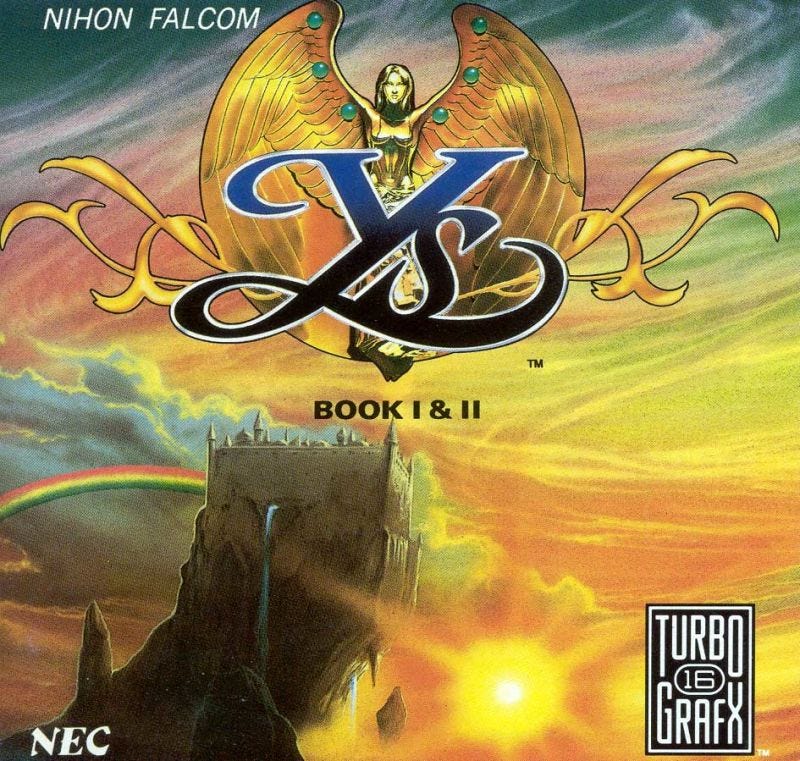 The box art for Ys Book I & II, released on the PC Engine CD and Turbografx CD as a showcase for what that platform was capable of.