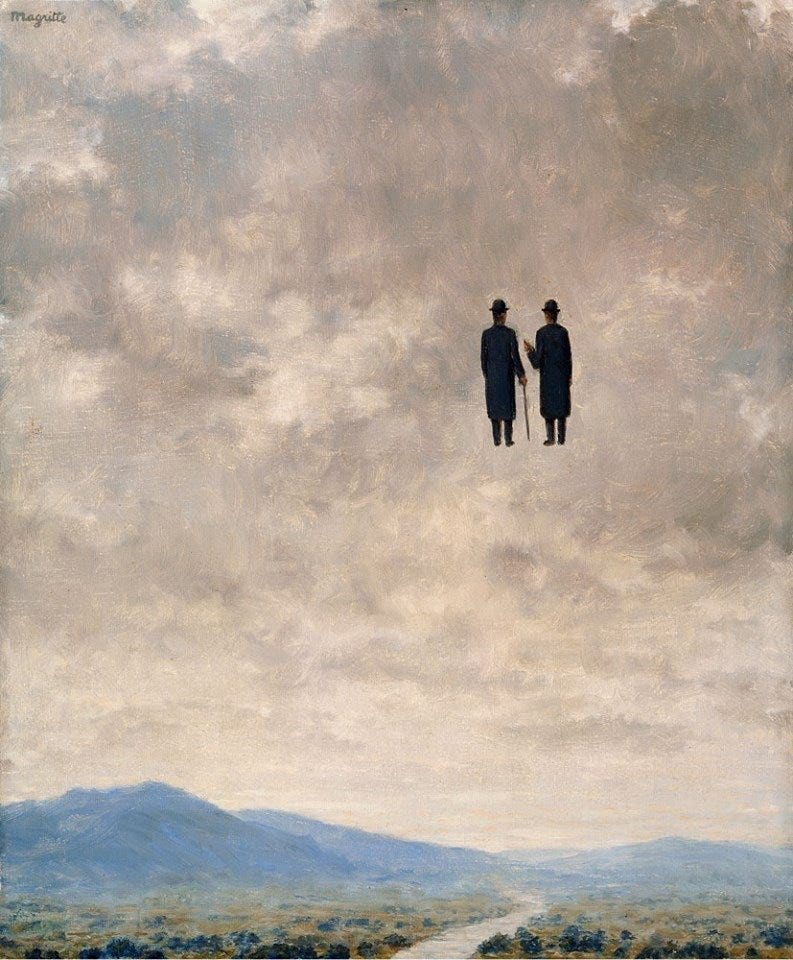 Painting titled the art of conversation by René Magritte of two men floating in dialogue..