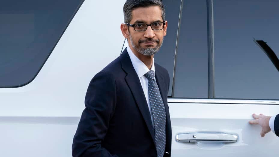 Google and Alphabet Inc. CEO Sundar Pichai arrives at the federal courthouse in Washington, Monday, Oct. 30, 2023.