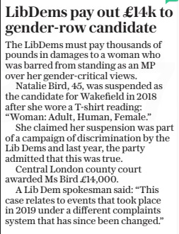 Libdems pay out £14k to gender-row candidate The Daily Telegraph9 Jan 2025 The Libdems must pay thousands of pounds in damages to a woman who was barred from standing as an MP over her gender-critical views.  Natalie Bird, 45, was suspended as the candidate for Wakefield in 2018 after she wore a T-shirt reading: “Woman: Adult, Human, Female.”  She claimed her suspension was part of a campaign of discrimination by the Lib Dems and last year, the party admitted that this was true.  Central London county court awarded Ms Bird £14,000.  A Lib Dem spokesman said: “This case relates to events that took place in 2019 under a different complaints system that has since been changed.”  Article Name:Libdems pay out £14k to gender-row candidate Publication:The Daily Telegraph Start Page:2 End Page:2