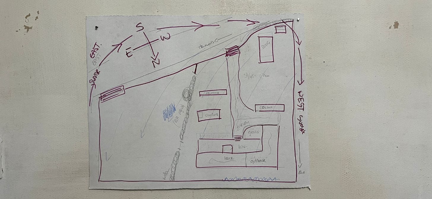 An outline of the garden with main features, like the house, caravan, polycrub. It's on a old bit of lining paper pinned to a wall that needs lining paper, or painting or something!